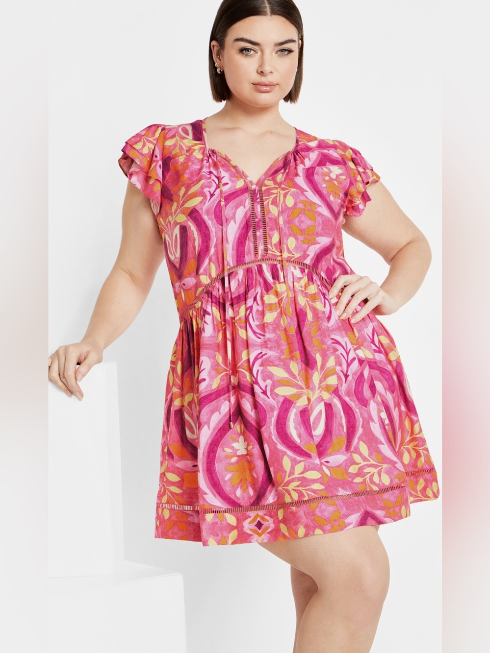18. City Chic • NWT $110 USD Pink & Yellow Floral Flutter-Sleeve Dress PTP 27”